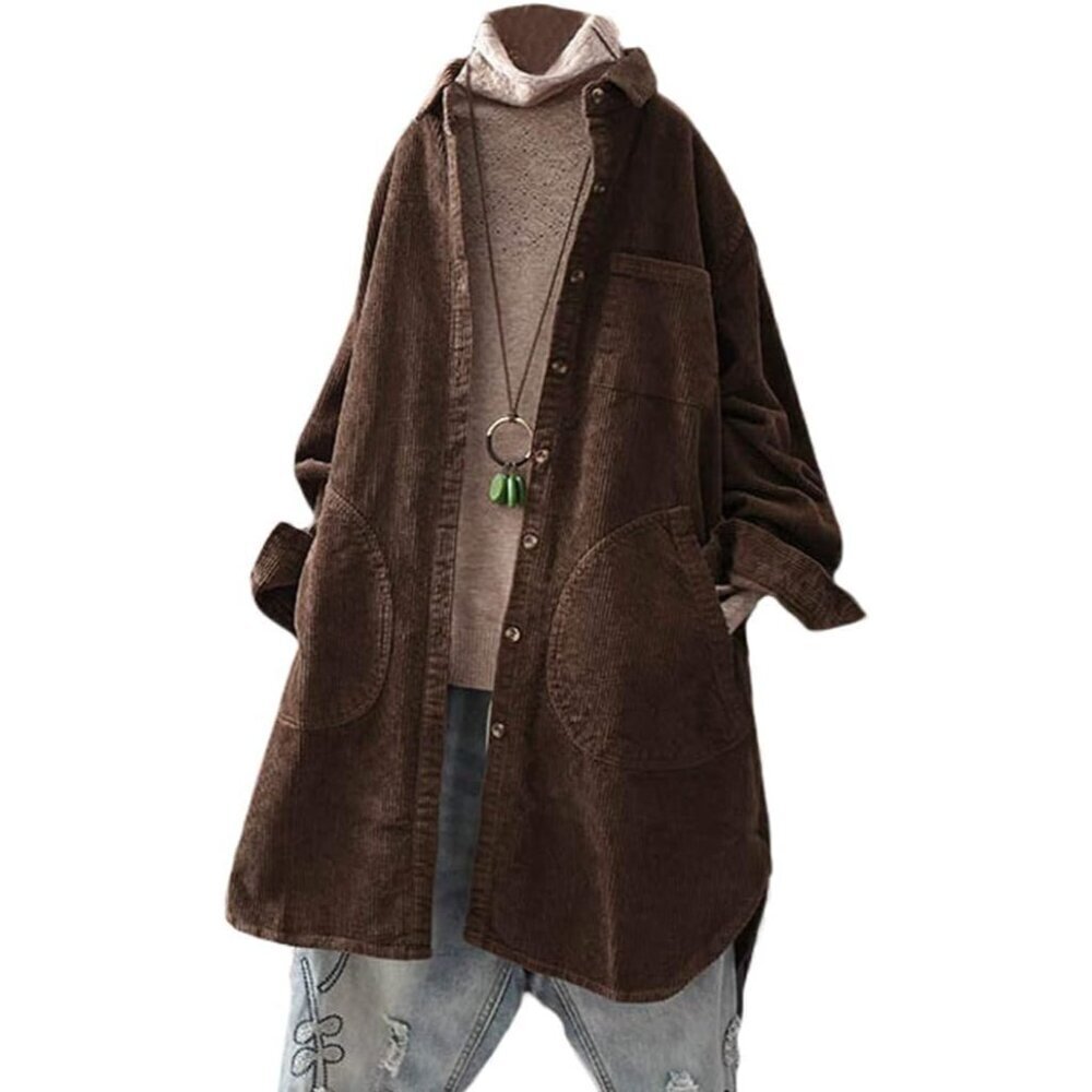 Women's Corduroy Shirt Coat Long Sleeve Button Down Pockets Casual Wear